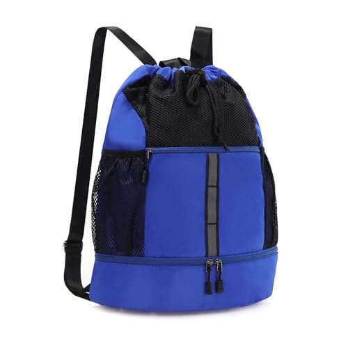Valleycomfy Drawstring Gym Bag Sports Backpack With Shoe Compartment Blue | Reflective Strips Top Handle - color: Royal Blue