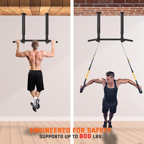 Ceiling Mount Pull Up Bar - 800 LBS Heavy Duty Adjustable Height Chin Up Bar with Ball Grips & TRX Anchors, Multi-Grip Overhead Workout Station for Garage, Basement & Home Gym