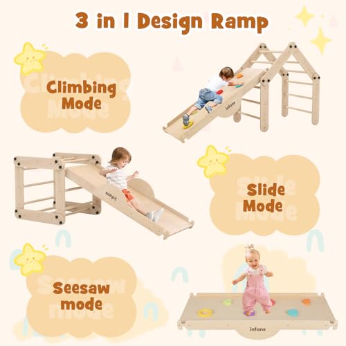 INFANS 12 in 1 Climbing Toys for Toddlers, Upgrade Wooden Montessori Foldable Triangle Climber Set with Reversible Ramp Slide Ladder Seesaw, Indoor Pikler Climb Activity Jungle for Kids Age 3+ - style: 12 in 1