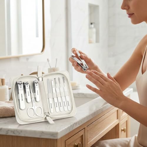 9 Piece Nail Clipper Set Stainless Steel Manicure Kit White Zipper Case for Home Travel Lightweight Grooming