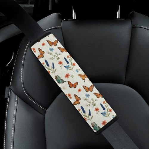 2 Piece Butterfly Flowers Colorful Butterflies Theme Car Seat Belt Pad Breathable Seat Belt Cushion for Child, Stroller Pushchair High Chair, Easy Install (No Tool) - color: Pattern 1002