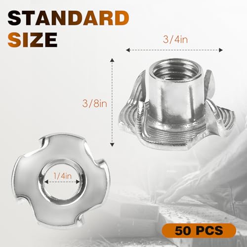 1/4"-20 T-Nuts 304 Stainless Steel, 4-Pronged Tee Nut 3/8" Barrel Length, T-Nut Wood Insert for Wood, Rock Climbing Holds, Furniture, Cabinetry, 50 PCS - color: SUS304 Stainless Steel