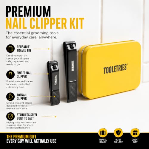TOOLETRIES Premium Nail Clipper Kit with Travel Tin - Black | Premium grooming kit featuring stainless steel finger & toenail clippers in a reusable tin: for home, travel & gifting.