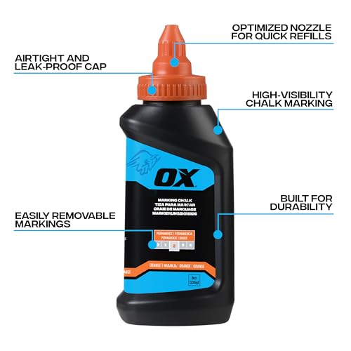 OX Orange Chalk Line Powder 8oz - High Visibility Refill | Weather-resistant marking chalk, high-flow nozzle, leak-proof cap, works on wood, concrete, metal, stone - color: Orange - Hi-Visibility