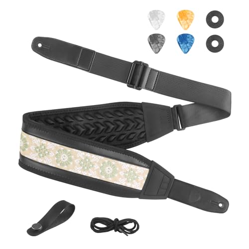 Bass Guitar Strap, Jacquard Embroidery Guitar Strap with Head Cowhide Leather End for Bass, Electric & Acoustic Guitars, Comes with Complete Accessories, Comfortable and Intimate, Elegant Green Flower - color: Elegant Green Flowers