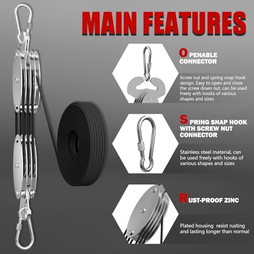 YATOINTO 530LBS Upgraded Rope Hoist Pulley System Block Tackle 60FT(Black) | 7:1 Ratio Lifting Power, Spring Snap Hook w/Screw Nut Connector, Small and Light, Perfect forCamping Hunting Lifting Pulling