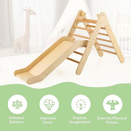 OLAKIDS Pikler Triangle Set 2 in 1 Climbing Toys for Toddlers Foldable Wood Montessori Baby Jungle Gym with Ladder Ramp Slide Kids Indoor Playground Activity Play Structure - color: Natural
