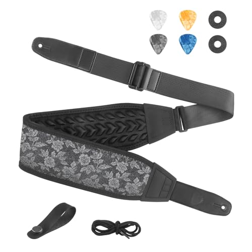 Guitar Strap and Bass Strap, Embroidered Guitar Strap, Adjustable Strap Length, Equipped with 3D Sponge Filled Foam Pad, Comes with 4 Picks + 2 Strap Locks, Best Gift for Guitar Players, Silver - color: Silver Embroidery