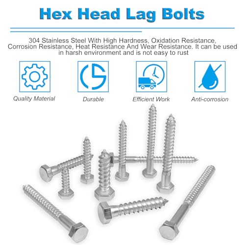 20 Pcs 1/4" x 3" Hex Head Lag Screws, 304 Stainless Steel Lag Bolts Hexagon Head Wood Screws Heavy Duty Large Screws for TV Mounts, Deck, Boat Repair - size: 1/4 x 3"(20 pcs)