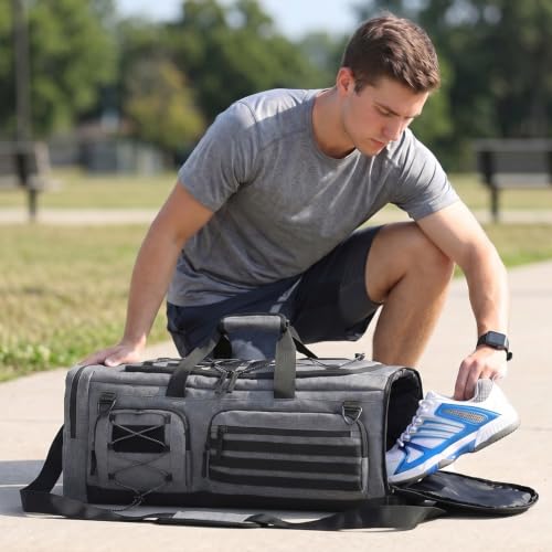 50L Tactical Gym Bag for Men and Women with Shoe & Laptop Compartment | Extra Large Duffle Bag, 3-in-1 Travel Sports Duffel Bags MOLLE Weekender Overnight Bag for Gym, Travel, Black + Gray - color: Black + Gray