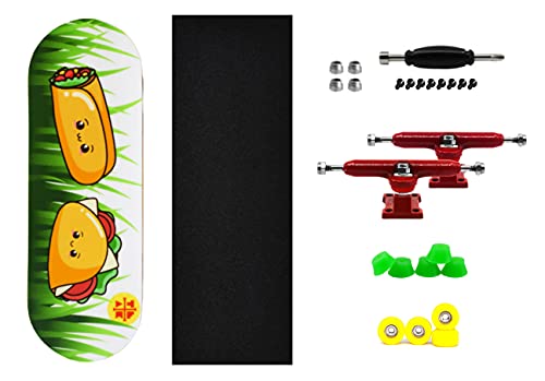 Teak Tuning 32mm Pro Fingerboard Heat Transfer Graphic Complete - Fully Assembled with Pro Level Parts - Pro Shaped Wood Deck (34x97mm), UltraSpin Wheels, Prodigy Trucks - Happy Tacos - color: Happy Tacos