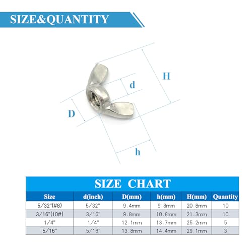 28 Pcs 4 Sizes 5/16",1/4",3/16"(10#), 5/32"(#8) Wingnuts, 304 Stainless Steel Wing Nuts Fasteners Parts Butterfly Nut, Hand Twist Tighten Hardware Nuts Butterfly Wing-Nut Assorted Kit - size: 304 Stainless Steel-4 Sizes-28Pcs