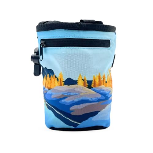 Rock Climbing Chalk Bag | for Outdoor, Gym, & Bouldering | Adjustable Waist Belt, Durable Drawstring Closure, & Zippered Pocket - style: Prusik Peak