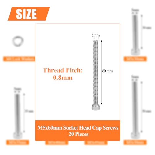 HELIFOUNER 20 Pieces M5 x 60mm, Thread Pitch 0.8mm, 304 Stainless Steel (18-8) Hex Socket Head Cap Screws, Fully Threaded - size: M5 x 60mm