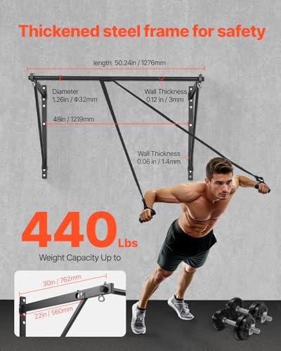 VEVOR Pull Up Bar, Multi-Grip Wall Mounted Pull Ups, 50 in Width Multifunctional Chin Up Training Station, Heavy Duty Steel Upper Body Workout Bars with Hangers, 440 lbs Weight Capacity, for Home Gym - size: Joist Mount
