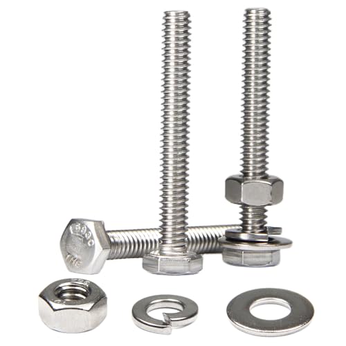 MroMax 10 Sets 1/4-20 x 2-1/2" Hex Head Screw Bolt, Nuts, Flat Washer & Spring Lock Washers Kits,Fully Threaded, Stainless Steel 18-8（304）, Bright Finish - size: 1/4-20 x 2-1/2" (10 Sets)