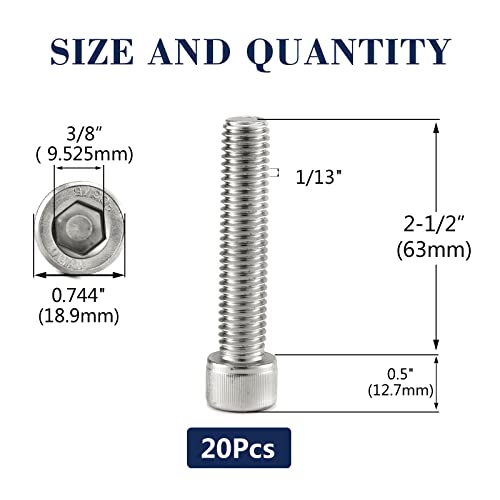 1/2-13 x 2-1/2" Socket Head Cap Screws Bolts, 20Pcs 304 Stainless Steel 18-8, Allen Socket Hex Drive, Full Thread, Bright Finish by SG TZH(with Hex Spanner) - size: 1/2-13 x 2-1/2"