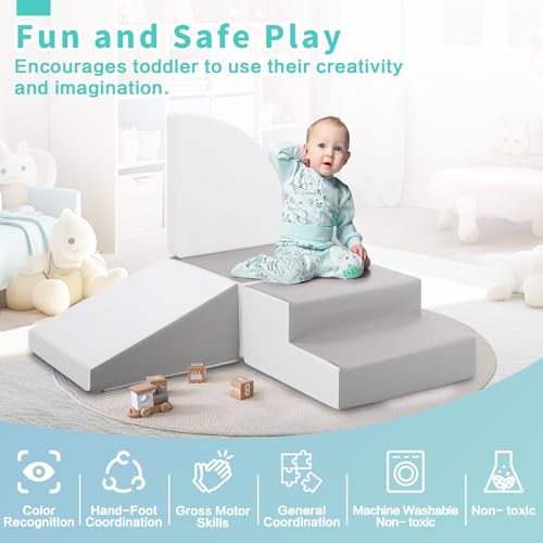 TODIBY Foam Blocks Climbing for Kids: Toddler Toys for Indoor and Outdoor Fun - Soft PU Leather Play Structure for Crawling and Sliding - Ideal for Playhouse and Play Gym Activities - style: Grey/White