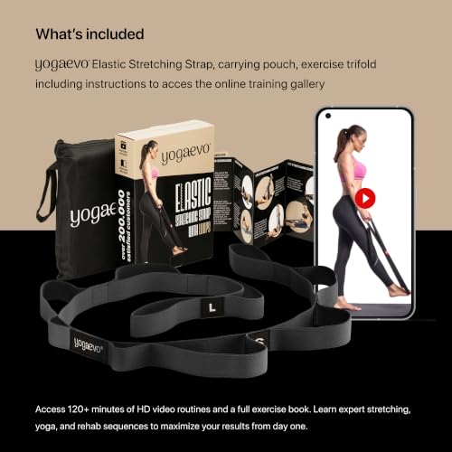 YogaEVO Elastic Stretching Strap with Loops for Physical Therapy | 2-in-1 Yoga Strap & Resistance Band — Flexibility & Back Recovery - color: Black