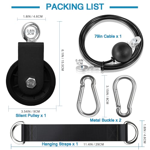Cable Pulley System for Home Gym, Silent 360° Rotation Nylon Pulley Wheel with Detachable Traction Block LAT Pulldown & Weight Lifting Attachment for Strength Training Workouts - color: Cable Pulley Set (Pulley, 79in Cable, Strap, 2 Buckles)