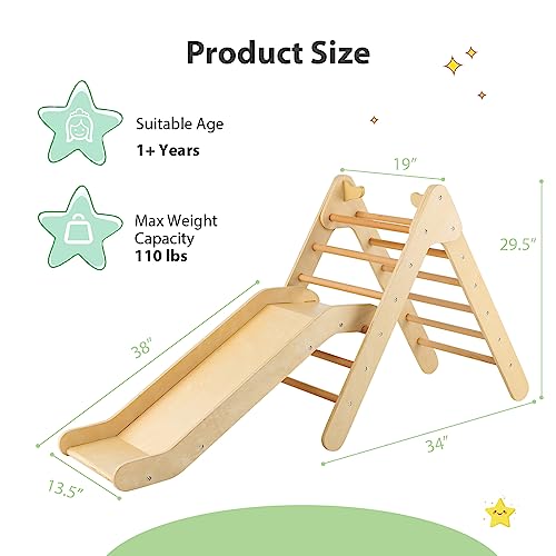 OLAKIDS Pikler Triangle Set 2 in 1 Climbing Toys for Toddlers Foldable Wood Montessori Baby Jungle Gym with Ladder Ramp Slide Kids Indoor Playground Activity Play Structure - color: Natural
