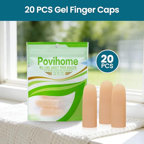Povihome Finger Cots Protectors - Moisturizing Thumb and Finger Covers - Thickend Version - Elastic Cracked Silicone Finger Sleeves to Protect Cracked, Peel Finger and Other Finger Pain (Beige, 20PCS) - color: Beige, size: Medium (20PCS)