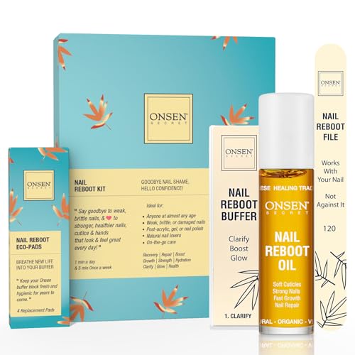 Onsen Secret Nail Care Kit - Includes Cuticle Oil 10ml, Japanese Nail Buffer and Shine Kit - Spa-Quality Manicure - Organic Ingredients - Long-Lasting Shine - Easy & Safe - 1pk - size: Essential Nail Reboot Kit (Oil)