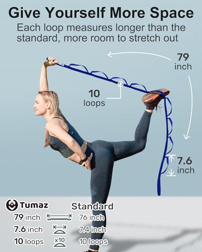 Tumaz Stretching Strap, 10-Loop Non-Elastic Yoga Strap | Designed for stretching, yoga, Pilates and rehab with 10 loops, durable webbing and a longer 79-inch design - color: Blue Lite, size: Budget-Essential