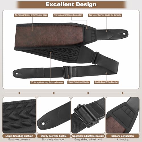 Guitar Straps for Electric Guitar Bass, Smooth Guitar Strap, 3" Wide Padded Straps with 3D Sponge Filling, Comes with 4 Picks + 2 Strap Locks + 1 Headstock Tie + 1 Tie Rope, Brown - color: Smooth Brown
