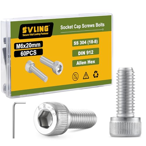 M6-1.0 x 20mm Bolt, 60PCS M6 Hex Socket Head Cap Screws Bolts, 304 Stainless Steel 18-8, Full Threads, Allen Socket Drive, with Hex Spanner - size: M6x20mm