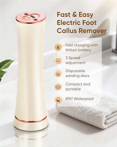 Electric Foot Callus Remover, Foot File Pedicure Tools | Waterproof Pedicure Kit, 3 Speeds, Foot Cream, Use for Hard Calluses and Cracked Heels - color: Beige