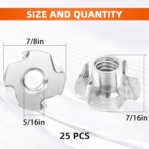 5/16"-18 T-Nut, 6/16" Barrel Length, 304 Stainless Steel Threaded Insert, 4-Pronged Tee Nut for Wood, Rock Climbing Holds, Cabinetry, Furniture, 25 PCS - size: 5/16"-18