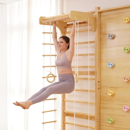Avenlur Walnut Modular 9-in-1 Swedish Ladder Wall Gym, Kids Climbing Wall | 94.5-Inch Modular Indoor Playground & Jungle Gym: Rock Climbing Wall for Kids, Monkey Bars, Slide, Swing, Rope Net