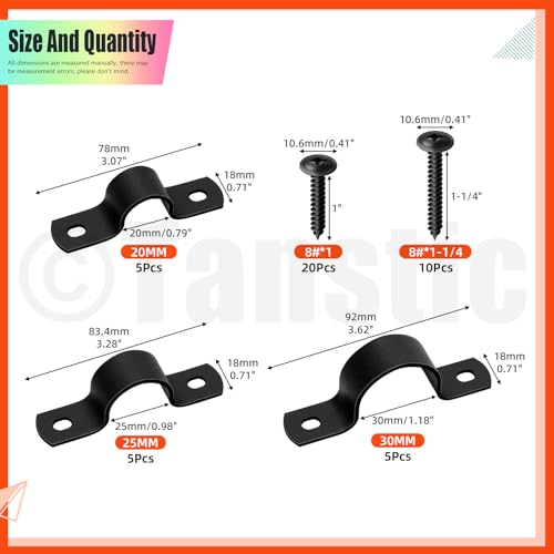 Tanstic 15Pcs Black Two Hole Pipe Strap, 3/4” 1” 1-1/4” Two Hole Strap U Bracket Rigid Pipe Strap Pipe Strap Clamp with Phillips Modified Truss Head Wood Screws for Fixing Pipe, Conduit, U Bracket - size: 20/25/30mm
