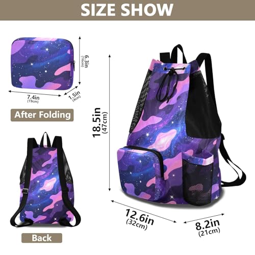 Drawstring Climbing Gym Bag With Water Bottle Holder Drawstring Gym Bags For Men Women with Wet Dry Compartments Camouflage Starry Purple Black Blue