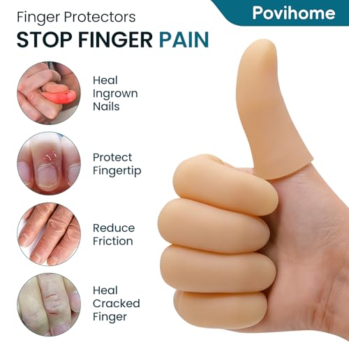 Povihome Finger Cots Protectors - Moisturizing Thumb and Finger Covers - Thickend Version - Elastic Cracked Silicone Finger Sleeves to Protect Cracked, Peel Finger and Other Finger Pain (Beige, 20PCS) - color: Beige, size: Medium (20PCS)