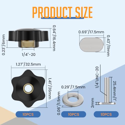 10 Sets 1/4"-20 T-Slot Fastener Kit | 1 Inch T Track Bolts with Star Knob Nuts | Heavy Duty Accessories | For Woodworking Fixture Installation - size: 1 Inch