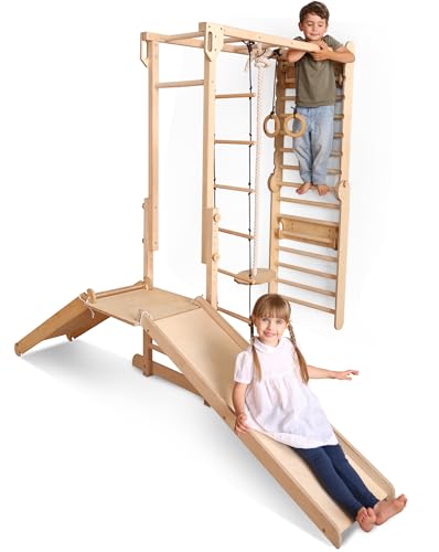 9-in-1 Wooden Indoor Climbing Frame for Children, Montessori-Inspired Climbing Set with Wall Bars, Monkey Bars, Pull-Up Bar, Rings, Swing, Rope Ladder, Climbing Board, Slide & Platform - size: Indoor Play Gym