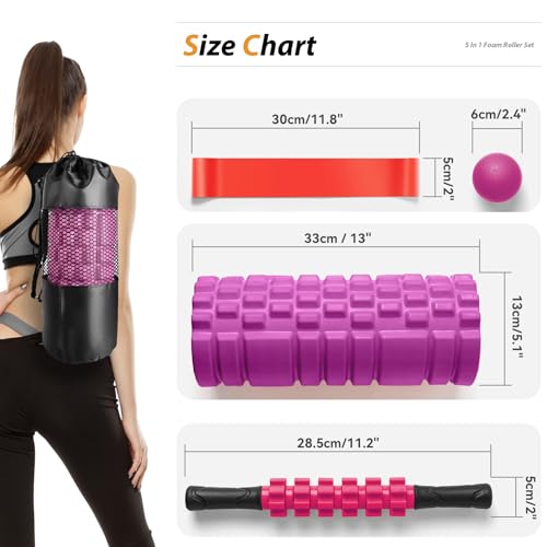 SUBCULTUREPICK 5 in 1 Foam Roller Set for Deep Tissue Muscle Massage | High Density Fitness Exercise Foam Roller, Muscle Roller, Massage Ball, Resistance Band, for Whole Body Physical Therapy Pink - color: Pink-black