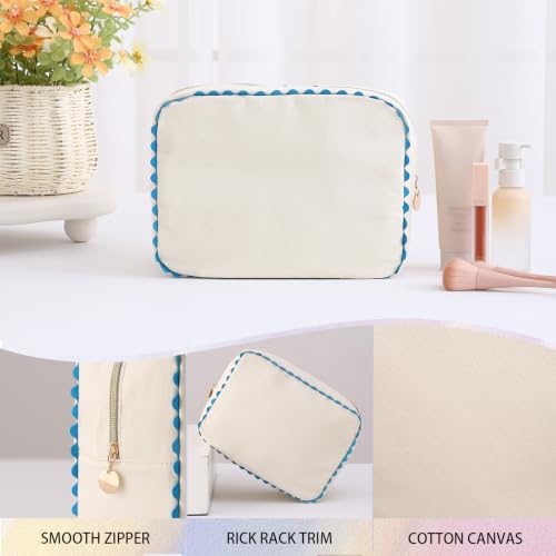 Canvas Makeup Bag for Women | Rainbow Rick Rack Trim,Mahjong Tile Travel Toiletry Organizer,Everyday Use, Beach and Gift for Girlfriend - color: Natural+Blue