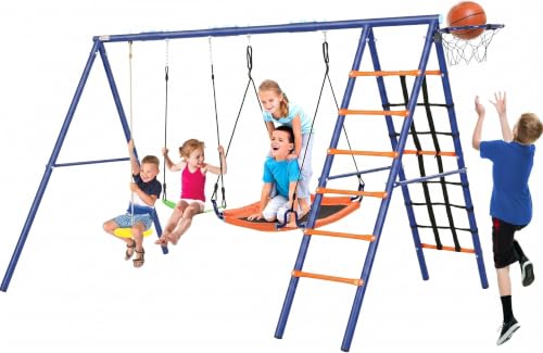 Swing Set for Backyard 550lbs - 6 in 1 Playground Sets for Backyards Safe Platform Swing for Kids Outdoor Heavy Duty Metal Frame with 3 Adjustable Swings Climbing Net Climbing Ladder Basketball Hoop