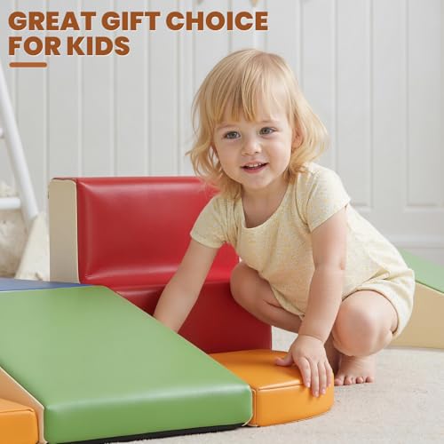 Hoohtoot Foam Climbing Blocks for Toddlers: 6-Piece Soft Play Set - PU Leather Climbing and Crawling Toys - Indoor Baby Learning Gym - Kids Play Structure for Birthday Gift - style: Red/Green