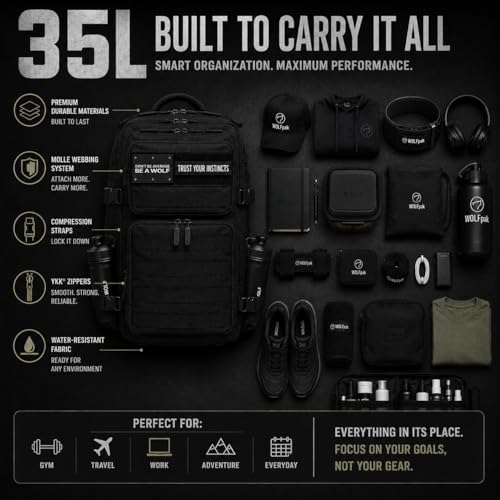 WOLFpak 35L Athletic Gym Backpack - Durable 1000D Waterproof Oxford Material with MOLLE Webbing, Laptop Pocket - color: Alpha Black