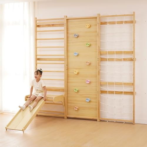 Avenlur Walnut Modular 9-in-1 Swedish Ladder Wall Gym, Kids Climbing Wall | 94.5-Inch Modular Indoor Playground & Jungle Gym: Rock Climbing Wall for Kids, Monkey Bars, Slide, Swing, Rope Net