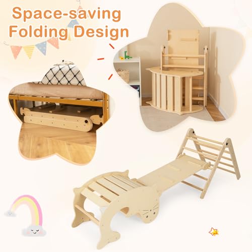 HONEY JOY 7 in 1 Climbing Toys for Toddlers, Wood Triangle Climber w/Ramp for Sliding or Climbing, Rocker, Foldable Montessori Triangle Climbing Arch Set for Daycare, Gym & Playground, Natural - style: 7 In 1 Natural