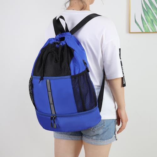 Valleycomfy Drawstring Gym Bag Sports Backpack With Shoe Compartment Blue | Reflective Strips Top Handle - color: Royal Blue