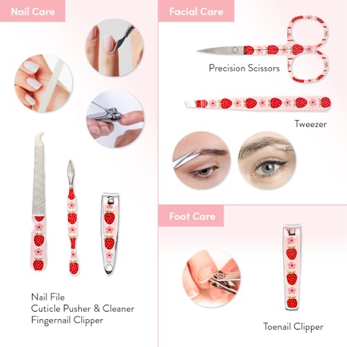 Éclat Manicure Pedicure Kit for Men & Women, 6Pcs Finger & Toe Nail Care Tools Includes Nail Clipper Cutter, Tweezer, File, Cuticle Pusher, Personal Care Professional Grooming Set With Travel Case - color: Mini Mani+pedi Print Set (6pc Berry)