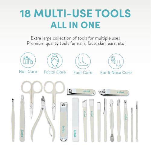 Éclat Manicure Pedicure Kit for Men & Women, 18Pcs Finger & Toe Nail Care Tools Includes Nail Clipper Cutter, Tweezer, File, Cuticle Pusher, Personal Care Professional Grooming Set With Travel Case - color: Large Mani+pedi Set (18pc Cream)