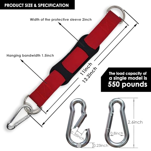 Hanging Straps Kit for Swings (2-Pack), Pull-Up Bar & Tree Hammocks, Gym & Travel–Anti-Slip Sling Saver Sleeves + Anti-Slip Locking Carabiners (Red) - color: Red