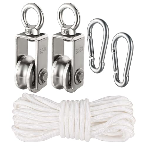 Cable Pulley Block Stainless Steel Swivel with 32FT Rope and Hook,for Garage,Attic,Kayak,Deer Hanging,Gym Equipment,550LB Lifting, 2 Pack